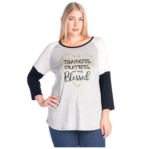 Thankful Grateful and Truly Blessed Plus Size Gold Foil Heart Color Block Black - Picture 3 of 5